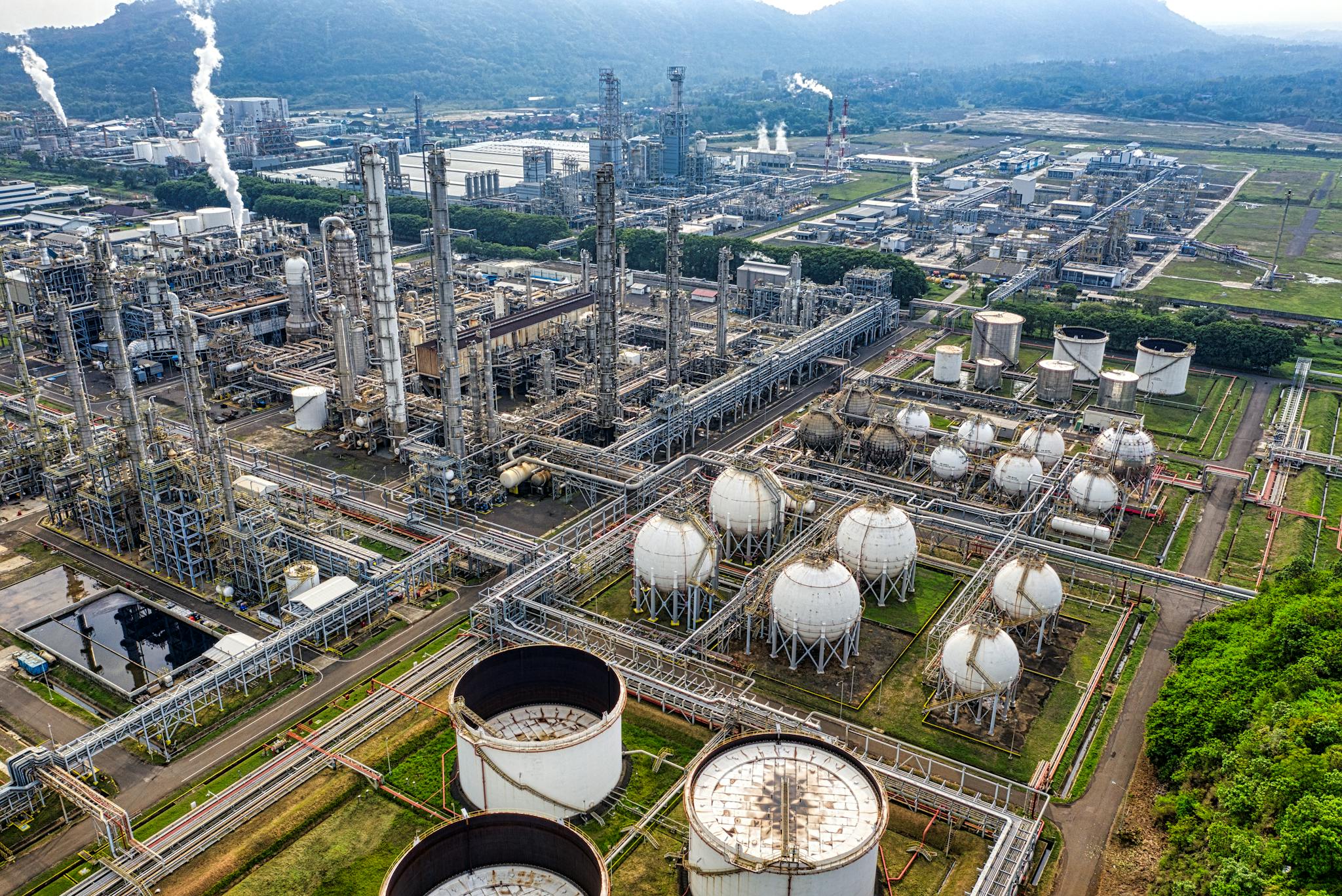 Extensive aerial shot of a large industrial refinery located in Banten, Indonesia.